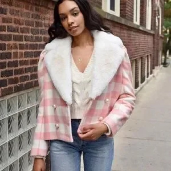 LoveShackFancy Pink and Cream Checkered Teddy Jacket Large - Picture 2 of 6